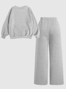 SHEIN 青少年女孩 2 件套休閒服飾，寬鬆版長袖秋季衛衣與運動長褲，保暖加絨內裡冬季套裝，海軍藍節日返校 Y2K 風格穿搭 - 灰色 - 查看 2