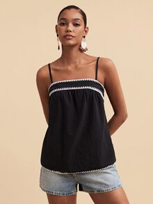 Travachic 女款休閒度假貝殼刺繡撞色細肩帶背心 - 黑色 - 查看 4