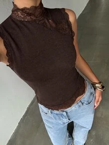 Aloruh 女款高領無袖蕾絲拼接修身純色性感T恤 - 咖啡棕 - 查看 5