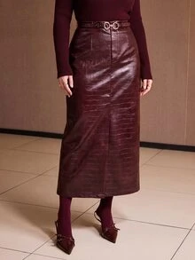 MOTF PREMIUM PLUS SIZE FRONT SLIT CROCODILE EMBOSSED PU STRAIGHT MID-LENGTH SKIRT AUTUMN/WINTER - Burgundy - View 4