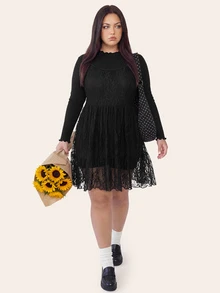 Comfortcana Plus Size Autumn/Winter Lace Camisole Dress & High Neck Cotton T-Shirt Black Set - Black - View 4