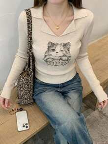 DAZY Cream White V-Neck Cat Cartoon Letter Print Fitted Long Sleeve Casual Versatile Knit Base Layer Sweater - Apricot - View 5