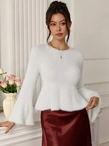 EastFlair Women's Solid Color Round Neck Bell Sleeve Ruffle Hem Fashion Sweater Brunch Dinner White Fall Romantic Elegant Warmth Everyday Tea Party - White - View 1