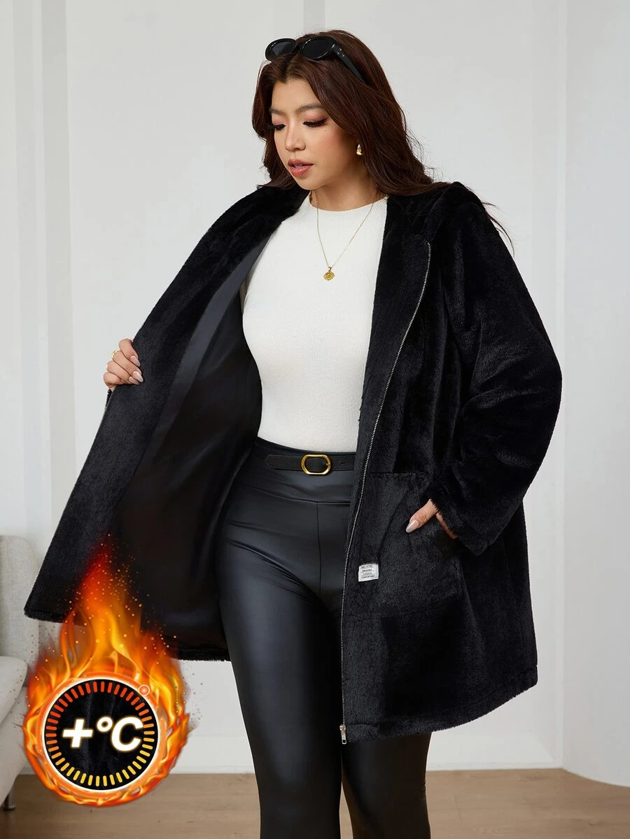 SHEIN Clasi Plus Size Women's Fleece Long Sleeve Zip-Up Hooded Winter Jacket - Black - View 1