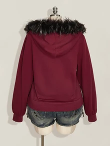 SHEIN ICON Plus Size Women Y2K Retro Fur Collar Patchwork Regular Sweatshirt Jacket With Pocket - Burgundy - View 2