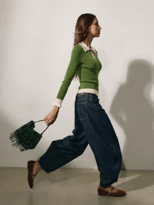 Nöista Women's Contrast Color Lapel Long Sleeve Slim Fit Versatile Sweater - Green - View 2