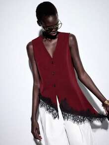 SHEIN PariChic Spring Summer New Women's V-Neck Asymmetric Lace Trim Blouse - Red - View 5