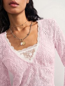 Bohemela Women's Contrast Lace V-Neck Embroidered Long Sleeve T-Shirt - Pink - View 8