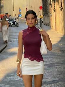Aloruh Women's Solid Color High Neck Lace Patchwork Asymmetrical Hem Sleeveless T-Shirt - Burgundy - View 6