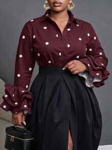 Slaydiva Blus Ukuran Besar Motif Polkadot dengan Kancing Warna Kontras dan Manset Bergelombang Berlapis untuk Musim Gugur - Coklat - View 5