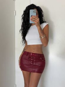 Jeanoix Y2K Women's Solid Color Fashion Ultra Mini Skirt - Burgundy - View 3