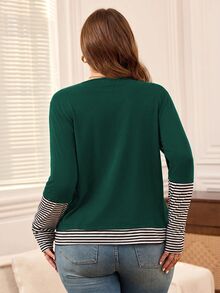 Rosumi Blus Ukuran Besar Warna Merah dengan Motif Patchwork, Kerah Bulat, Lengan Panjang, Elegan untuk Kantor, Musim Gugur/Musim Dingin 2026 - Dark Green - View 3
