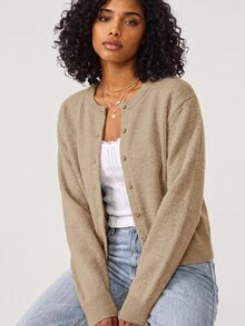 SHEIN BASICS 女款時尚羅紋鈕扣長袖針織開襟衫 - 卡其色 - 查看 4