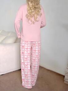 Girls 2026 Fall Winter Warm 2 Pieces Pajama Set, Bow Print Crew Neck Long Sleeve Top & Heart Plaid Soft Pants, Tween Girl Loungewear Homewear - Multicolor - View 2