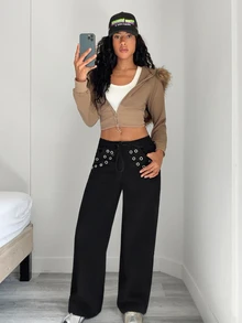 Jeanoix Y2K Women's Outdoor Street Style Low Waist All Season Grommet Decor Thin Rope Belt Black Jeans - Black - View 3