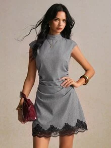 Poéselle Women's Stand Collar Colorblock Contrast Lace Ruched Waist Pleated Mini Dress - Grey - View 6