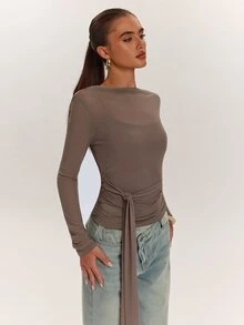 SHEIN BAE 2PCS Women Solid Tie Waist Long Sleeve Tops - Coffee Brown - View 6