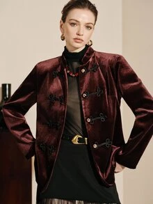 Arave Autumn/Winter Stand Collar Korean Fleece National Style Frog Button Metal Buckle Women's Blazer Jacket - Burgundy - View 2