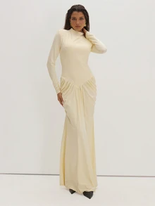 MUSEYN Cream Jersey High Neck Ruched Detail Shoulder Pad Maxi Dress Classy Date Night Chic Evening Fall - Beige - View 2