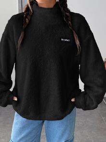 SHEIN CURVE+ Autumn/Winter Women Plus Size Letter Applique High Neck Drop Shoulder Teddy Fleece Sweatshirt, Suitable For 5XL-8XL - Black - View 7