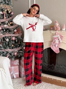 SweetSlumber Sweet INS Colorblock Bow Plaid Print Comfortable Round Neck Fuzzy Women Pajama Set - Multicolor - View 6