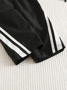 SHEIN 男嬰秋冬款黑色對比色織帶彈性腰長褲 百搭舒適戶外穿著 - 黑色 - 查看 4