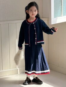 DAZY Tween Girls Sweater Set Cardigan And Dress Striped Decor Casual Fashion Creative Personalized Fresh Cute - Navy Blue - View 4