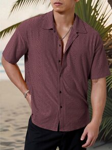 Genlund 男士度假休閒刺繡鏤空鈕扣襯衫 - 紅木色 - 查看 3