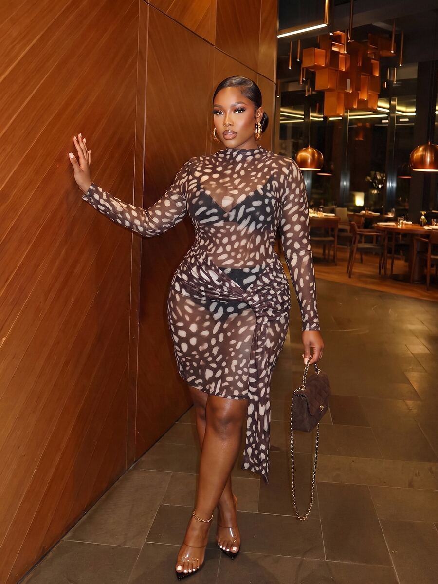 Slaydiva Sexy Street Date Party Women Fitted High Elastic Digital Print Long Sleeve Abstract Pattern Purple Brown Leopard Mesh Ribbon Plus Size Mini Dress Fall