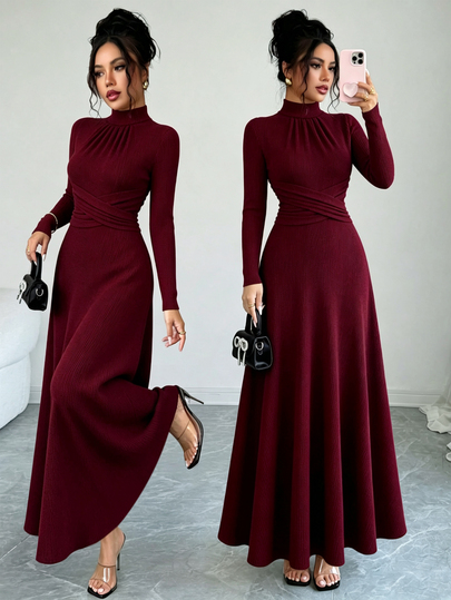 Elenzga Women's Fashion New Burgundy Knitted Cross Twist Cinched Waist Long Sleeve Elegant Gentle Intellectual Afternoon Tea Gathering Date Dress