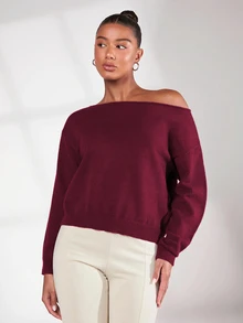 SHEIN BASICS 純色落肩針織衫，女款深秋休閒不對稱長袖寬鬆冬季衣物 - 酒紅色 - 查看 6