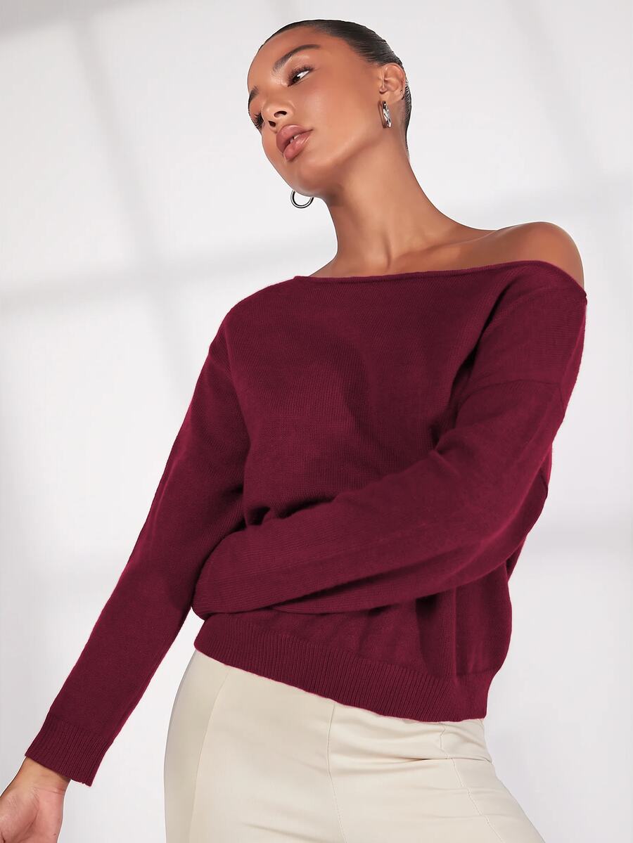 SHEIN BASICS 純色落肩針織衫,女款深秋休閒不對稱長袖寬鬆冬季衣物 - 酒紅色 - 查看 1