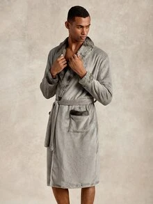 EverLounge Men's Autumn/Winter British Style Basic Minimalist Comfortable Light Gray Double-Sided Flannel Contrast Color Tie-Dye Shawl Collar Long Robe Coat - Grey - View 4