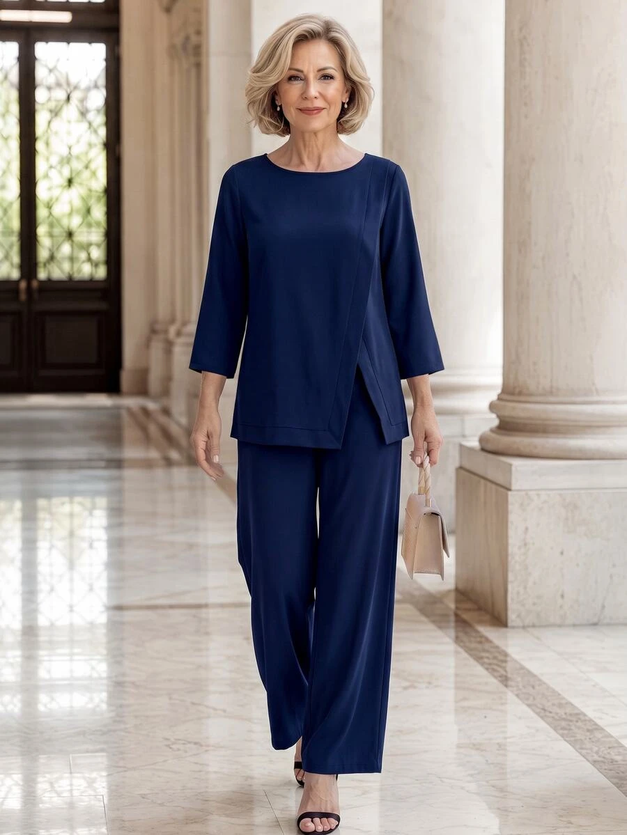 EMERY ROSE Middle-Aged And Elderly Women Solid Color Round Neck 3/4 Sleeve Top And Pants Set - Blue - View 1