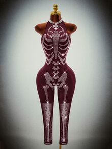 Amplova 女款半透網紗性感 Techno Goth Y2K 修身長袖露背綁帶中長洋裝，酒紅色，適合萬聖節、電音派對、夏季 - 酒紅色 - 查看 2