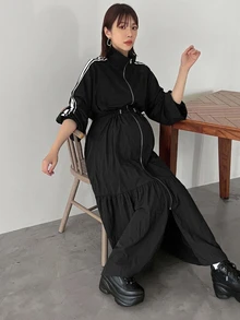 DAZY Contrast Striped Loose Cinched Waist Zipper Long Casual Streetwear Everyday Spring Autumn Maternity Dress - Black - View 5