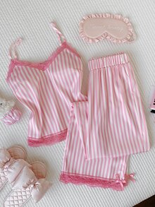 Comfortcana Women's Contrast Lace Striped Camisole Top And Long Pants 2 Pieces Set - Pink - View 4