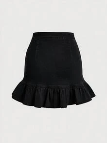 SHEIN MOD 大尺碼百褶 A 字魚尾純色牛仔迷你裙 - 黑色 - 查看 2