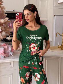 SweetSlumber Women's Round Neck Christmas Themed Print Pajama Set - Green - View 5