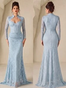 Coutiva 女款蕾絲長版正式晚禮服洋裝（重工風格） - 淺藍色 - 查看 4