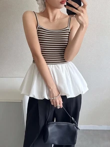 FRIFUL 女款條紋單排扣長袖上衣與花苞下擺細肩帶背心休閒兩件套 - 棕色 - 查看 5