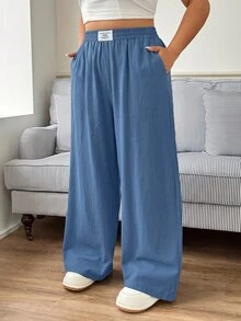 SHEIN EZwear Plus Size Women's Casual Daily Travel Pants With Pockets - Dusty Blue - View 5
