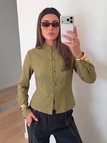 Siren Gaze Autumn New Style New Chinese Frog Button Shirt Women - Brown - View 8