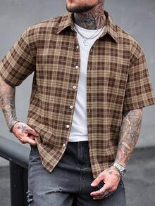 Manfinity Homme Men's Plus Size Plaid Short Sleeve Shirt, Casual Fashion Creative Personalized Streetwear - Brown - View 1