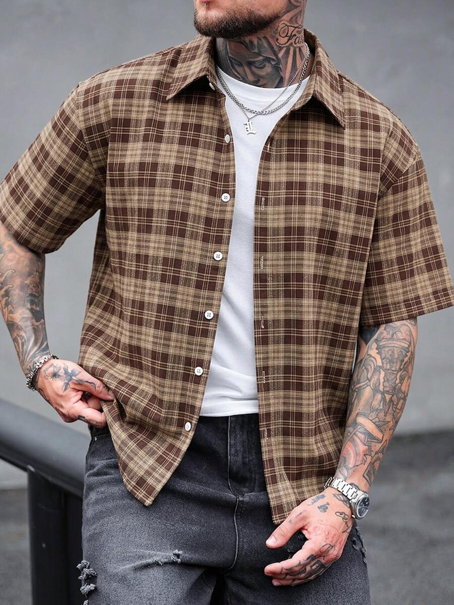 Manfinity Homme Men's Plus Size Plaid Short Sleeve Shirt, Casual Fashion Creative Personalized Streetwear - Brown - View 1