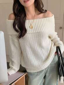 DAZY Women's Cold Shoulder Long Sleeve Solid Color Sweater - White - View 3