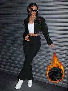 Flirla Women's Distressed Washed Denim Short Jacket With Frayed Hem Design, Fashion Long Sleeve - Black - View 6