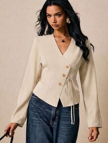 Poéselle Blus Polos Model Wrap dengan Kancing dan Sabuk - Aprikot - View 2