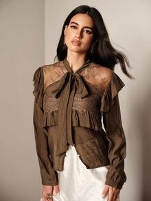 BELROSIE Fall/ Dark Brown Solid Textured Fabric Elegant Sophisticated Crinkled Ruffle Lace Patchwork Bowknot Long Sleeve Blouse, French Vintage Office Dinner - Brown - View 4
