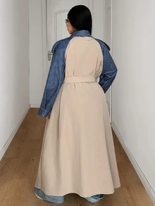 Maweii Plus Size Casual Fashion Patchwork Long Trench Coat Fall - Khaki - View 6